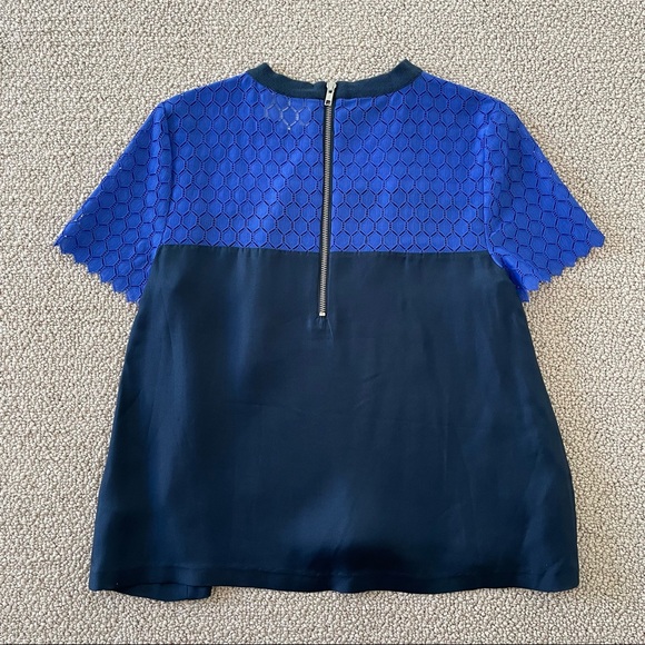 BAND OF OUTSIDERS Navy Silk Short Sleeve Top with Blue Mesh Shoulders, 2 - Picture 2 of 7